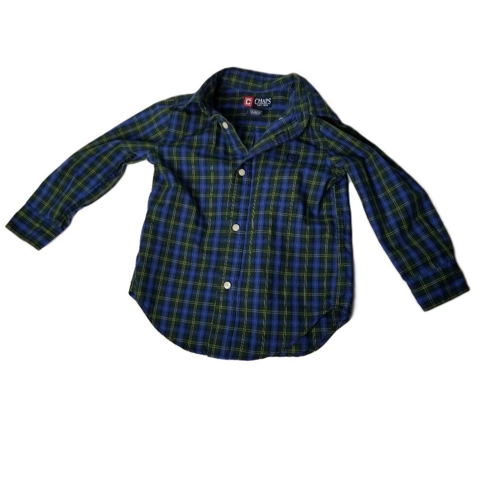 Chaps Boys 3T Plaid Button Down Shirt Green Blue Preppy Long Sleeve